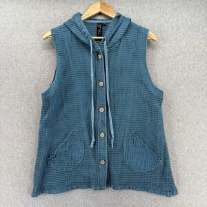 Focus Casual Life Vest Womens Large Aqua Blue Sleeveless Button Hooded Lagenlook